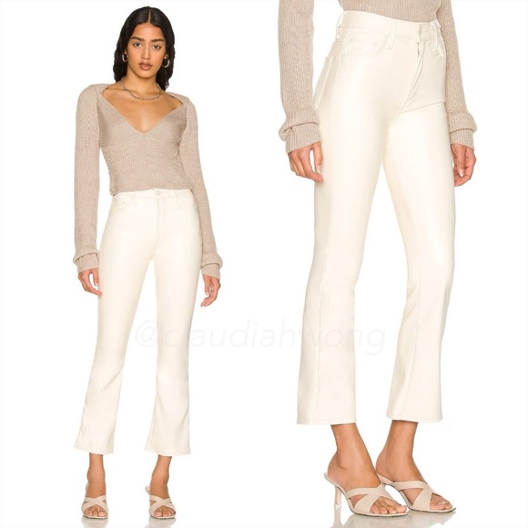 MOTHER Insider Ankle Faux Leather Jeans in Wax On Wax Off Egret White